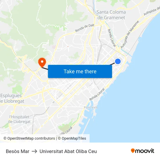 Besòs Mar to Universitat Abat Oliba Ceu map
