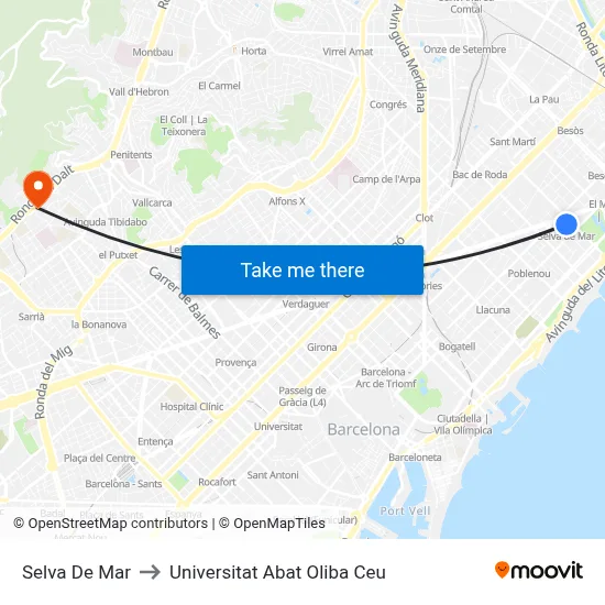 Selva De Mar to Universitat Abat Oliba Ceu map