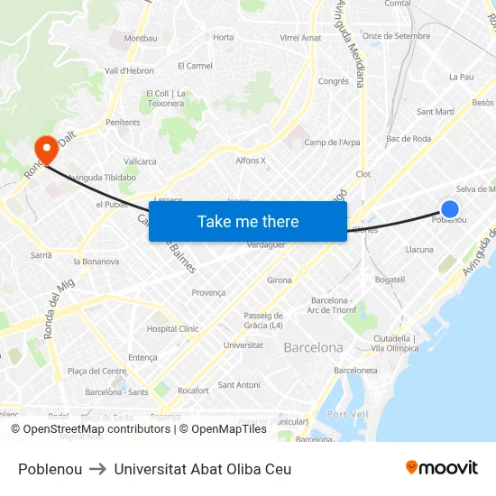Poblenou to Universitat Abat Oliba Ceu map