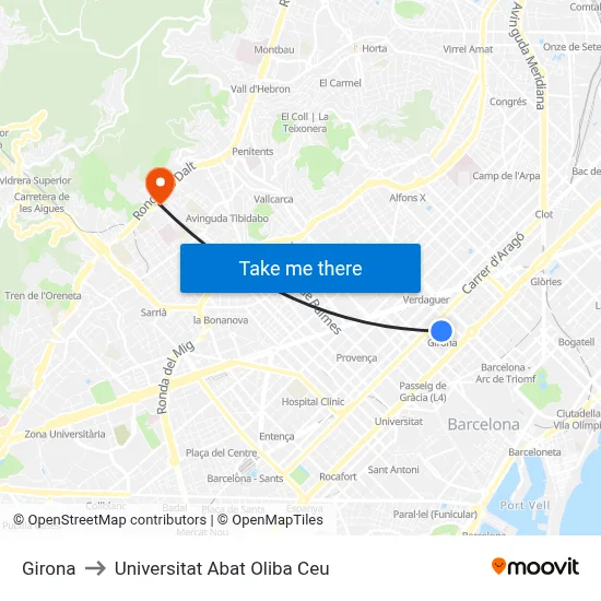 Girona to Universitat Abat Oliba Ceu map