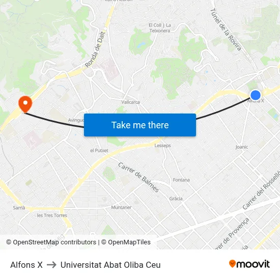 Alfons X to Universitat Abat Oliba Ceu map