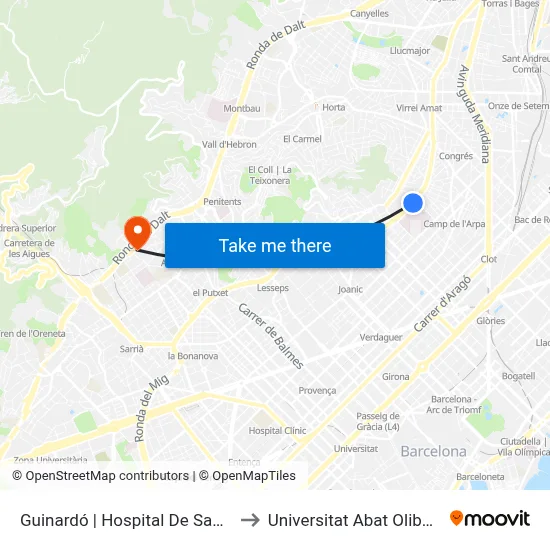 Guinardó | Hospital De Sant Pau to Universitat Abat Oliba Ceu map