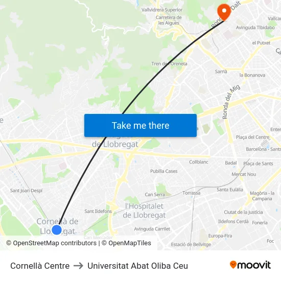 Cornellà Centre to Universitat Abat Oliba Ceu map