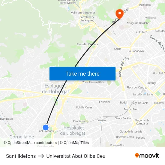 Sant Ildefons to Universitat Abat Oliba Ceu map