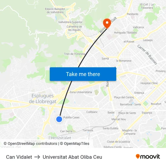 Can Vidalet to Universitat Abat Oliba Ceu map