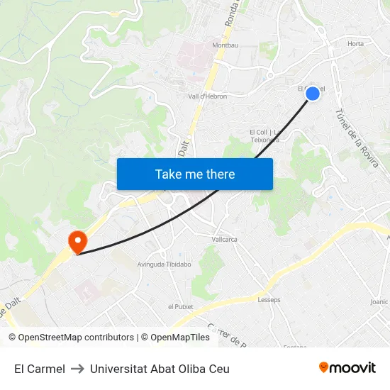 El Carmel to Universitat Abat Oliba Ceu map