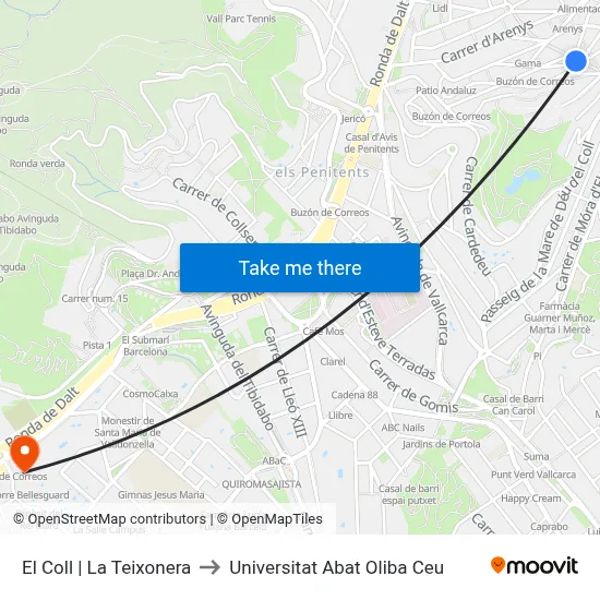 El Coll | La Teixonera to Universitat Abat Oliba Ceu map
