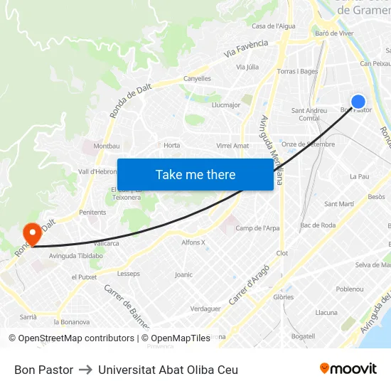 Bon Pastor to Universitat Abat Oliba Ceu map