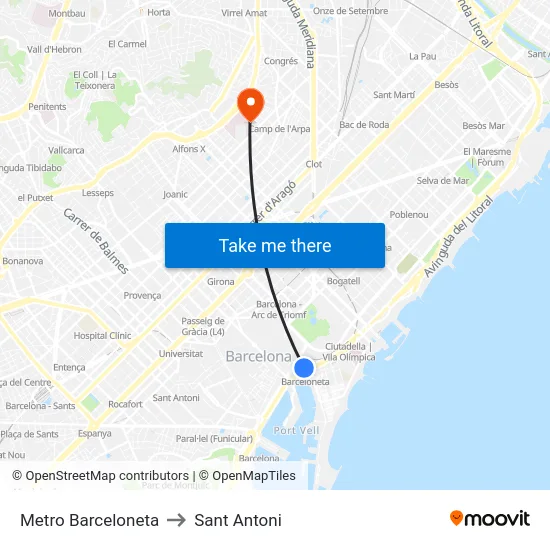 Metro Barceloneta to Sant Antoni map