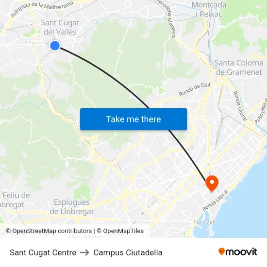 Sant Cugat Centre to Campus Ciutadella map