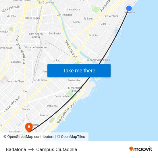 Badalona to Campus Ciutadella map
