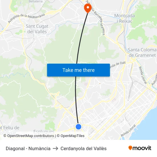 Diagonal - Numància to Cerdanyola del Vallès map