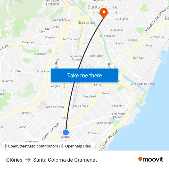 Glòries to Santa Coloma de Gramenet map