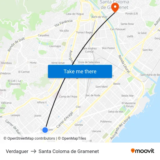 Verdaguer to Santa Coloma de Gramenet map