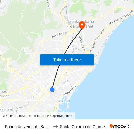 Ronda Universitat - Balmes to Santa Coloma de Gramenet map