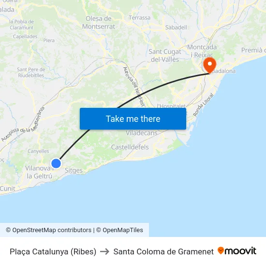 Plaça Catalunya (Ribes) to Santa Coloma de Gramenet map