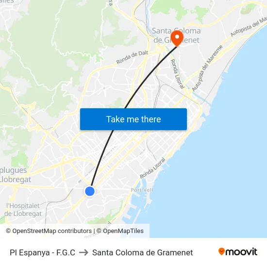 Pl Espanya - F.G.C to Santa Coloma de Gramenet map
