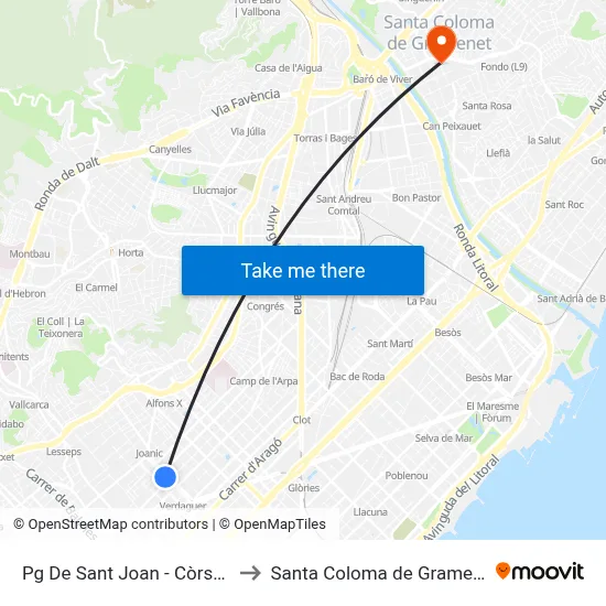 Pg De Sant Joan - Còrsega to Santa Coloma de Gramenet map