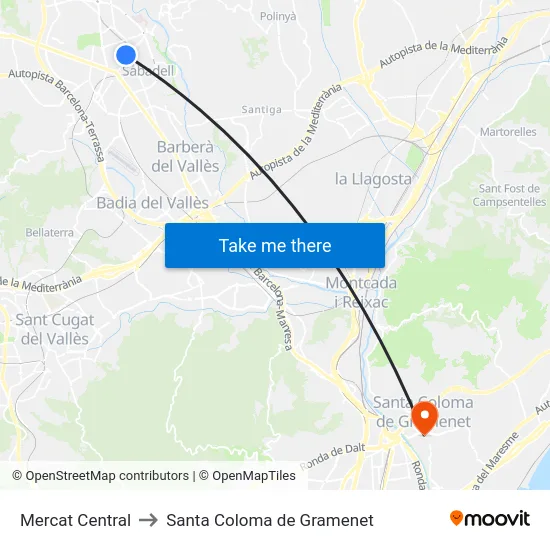 Mercat Central to Santa Coloma de Gramenet map