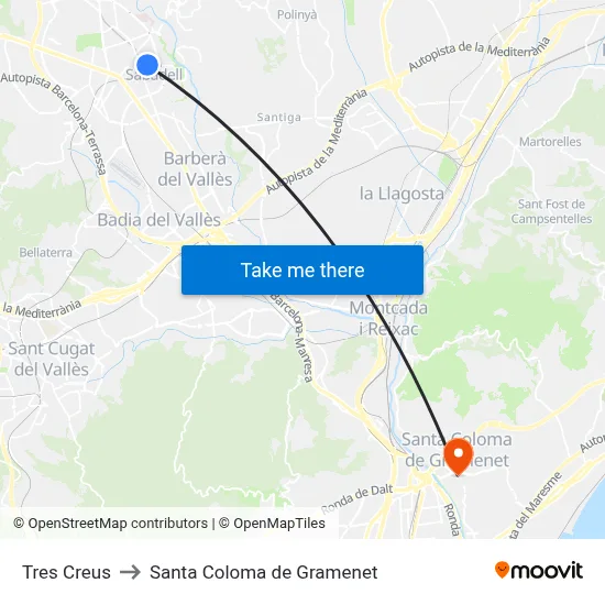 Tres Creus to Santa Coloma de Gramenet map
