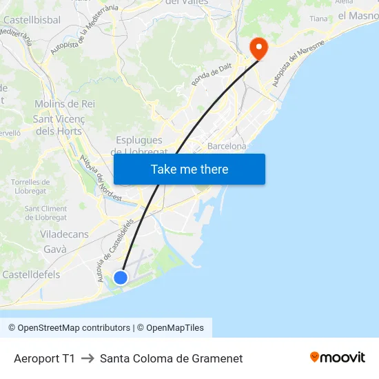 Aeroport T1 to Santa Coloma de Gramenet map