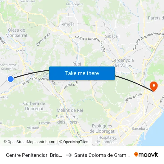 Centre Penitenciari Brians 2 to Santa Coloma de Gramenet map