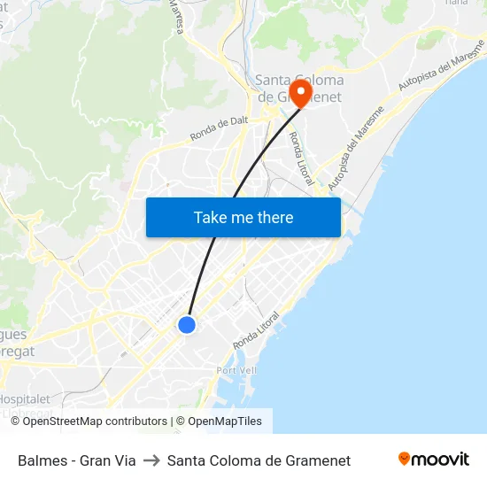 Balmes - Gran Via to Santa Coloma de Gramenet map
