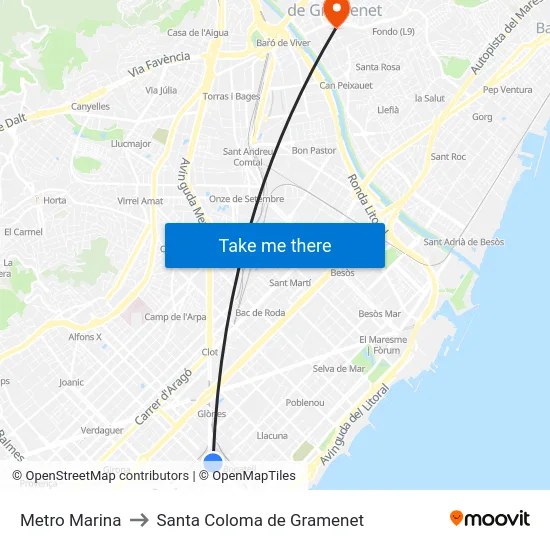 Metro Marina to Santa Coloma de Gramenet map