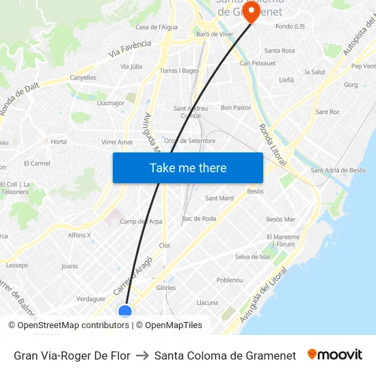Gran Via-Roger De Flor to Santa Coloma de Gramenet map