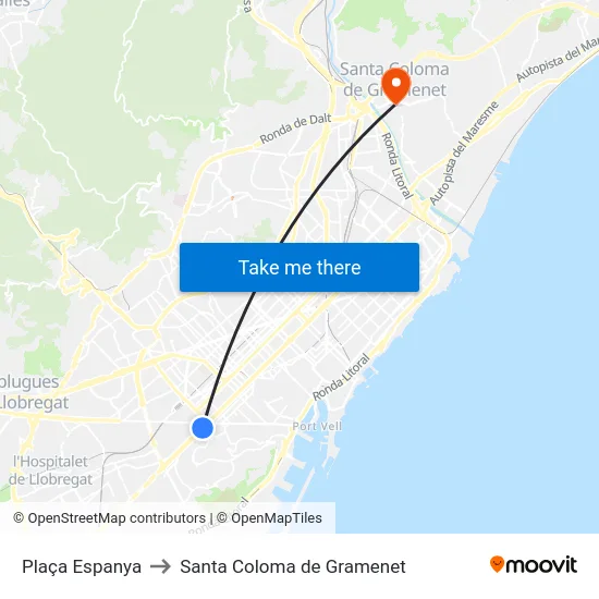Plaça Espanya to Santa Coloma de Gramenet map