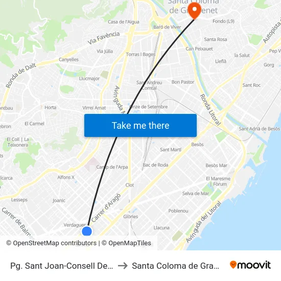 Pg. Sant Joan-Consell De Cent to Santa Coloma de Gramenet map