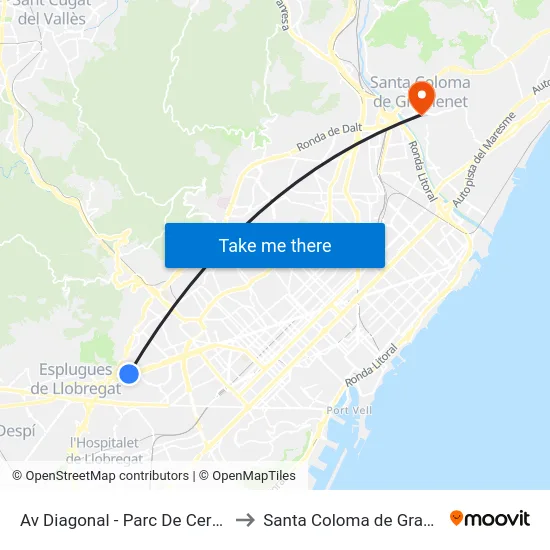 Av Diagonal - Parc De Cervantes to Santa Coloma de Gramenet map
