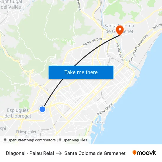 Diagonal - Palau Reial to Santa Coloma de Gramenet map