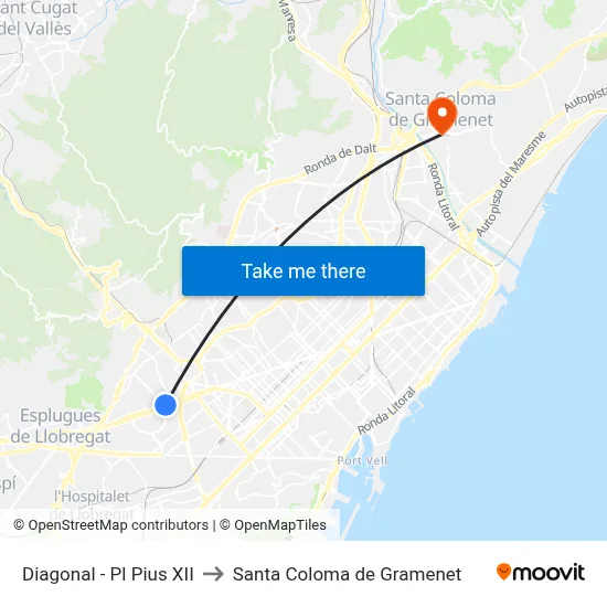 Diagonal - Pl Pius XII to Santa Coloma de Gramenet map