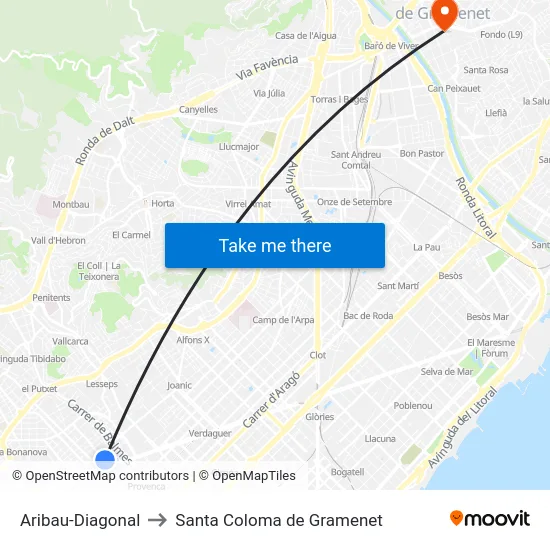 Aribau-Diagonal to Santa Coloma de Gramenet map
