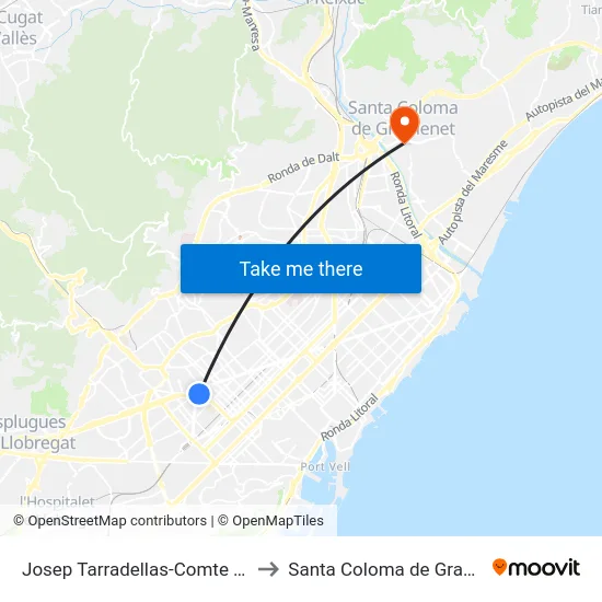 Josep Tarradellas-Comte Borrell to Santa Coloma de Gramenet map