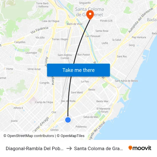 Diagonal-Rambla Del Poblenou to Santa Coloma de Gramenet map