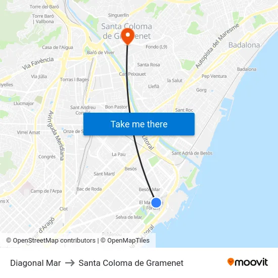 Diagonal Mar to Santa Coloma de Gramenet map