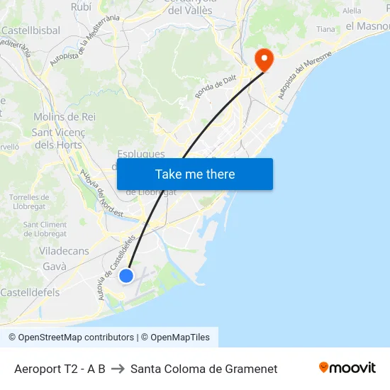 Aeroport T2 - A B to Santa Coloma de Gramenet map