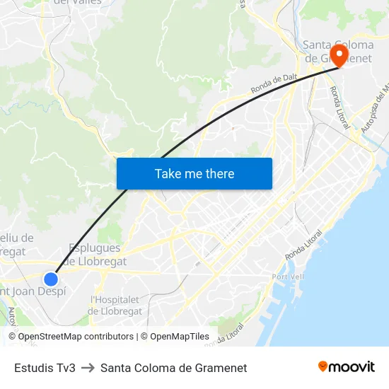 Estudis Tv3 to Santa Coloma de Gramenet map
