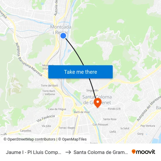 Jaume I - Pl Lluís Companys to Santa Coloma de Gramenet map
