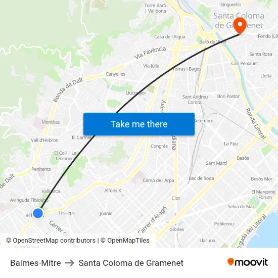 Balmes-Mitre to Santa Coloma de Gramenet map