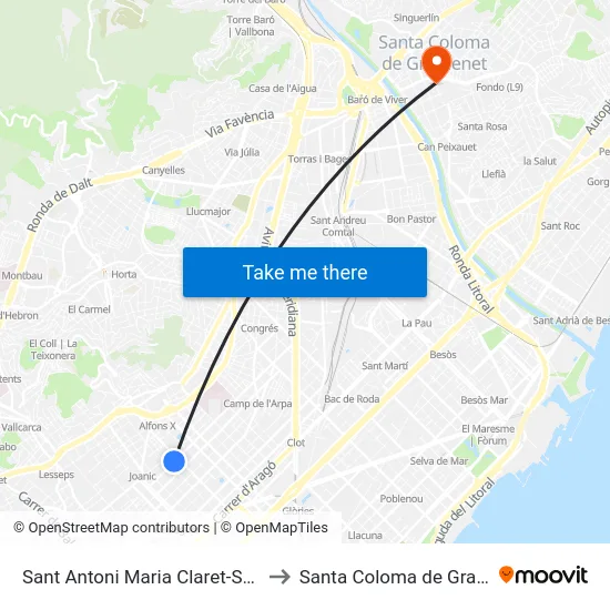 Sant Antoni Maria Claret-Sardenya to Santa Coloma de Gramenet map