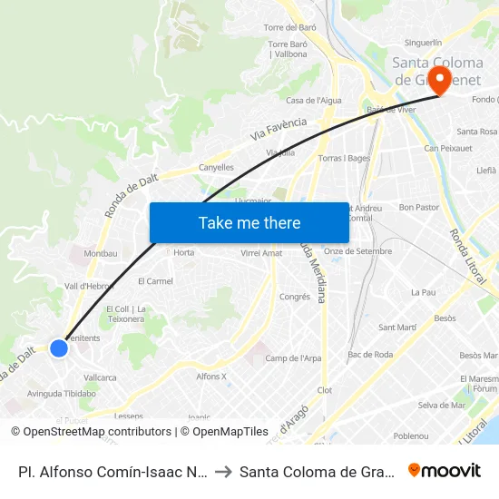 Pl. Alfonso Comín-Isaac Newton to Santa Coloma de Gramenet map