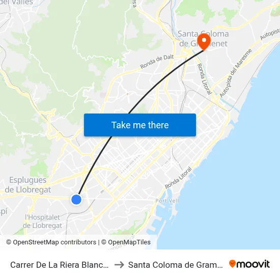 Carrer De La Riera Blanca 30 to Santa Coloma de Gramenet map