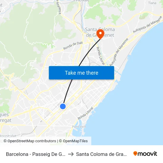 Barcelona - Passeig De Gràcia to Santa Coloma de Gramenet map