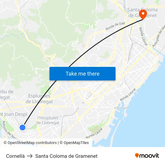 Cornellà to Santa Coloma de Gramenet map