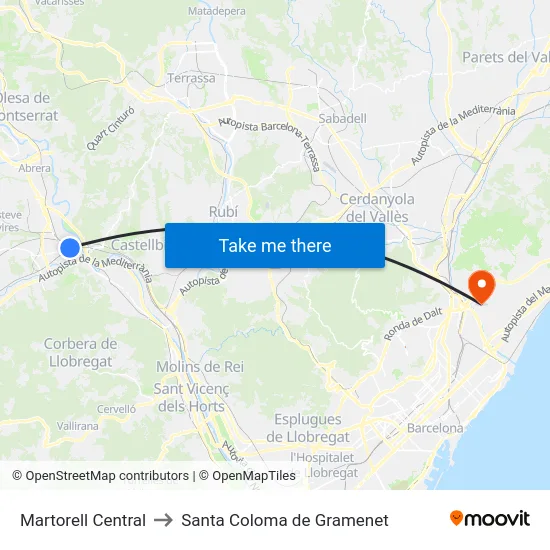 Martorell Central to Santa Coloma de Gramenet map
