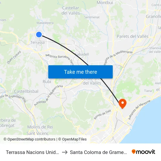 Terrassa Nacions Unides to Santa Coloma de Gramenet map