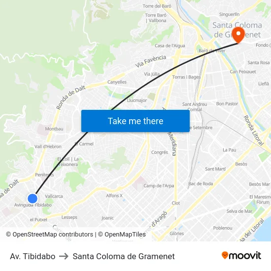 Av. Tibidabo to Santa Coloma de Gramenet map